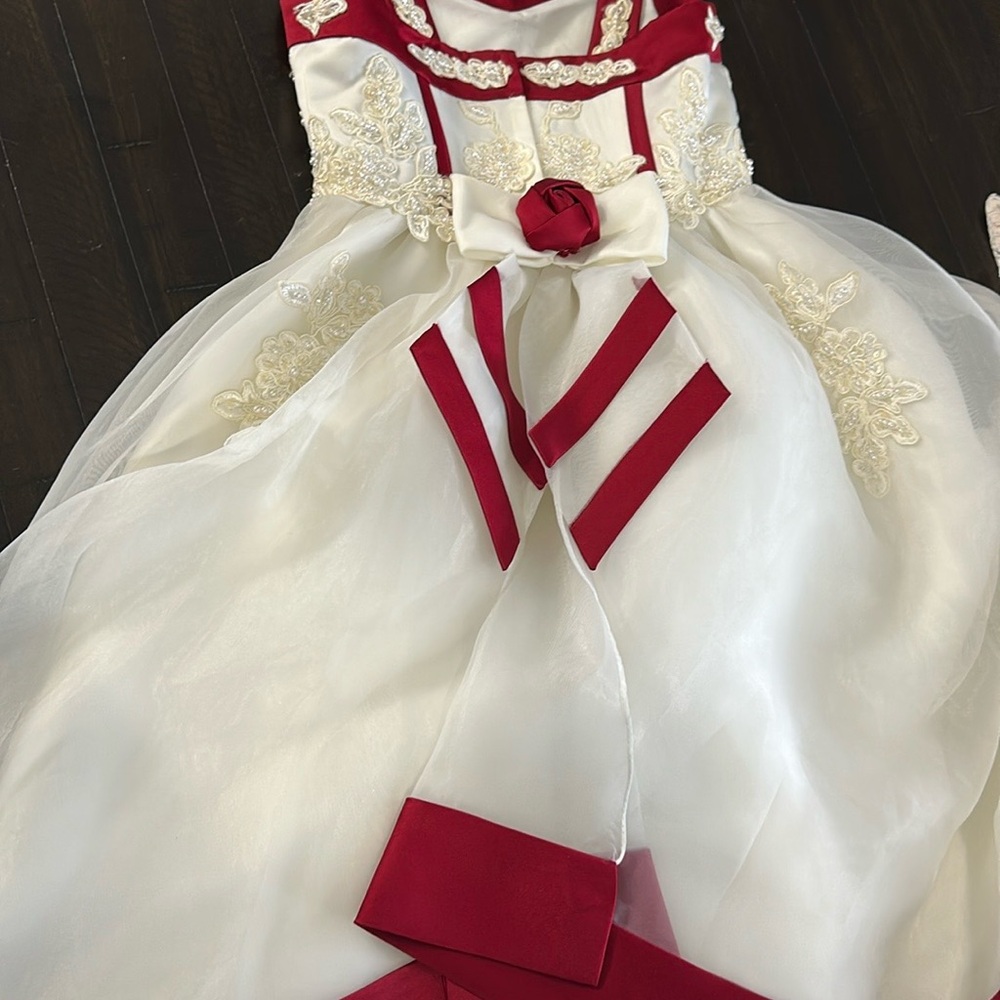 Elegant White and Red Dress with Floral Accents